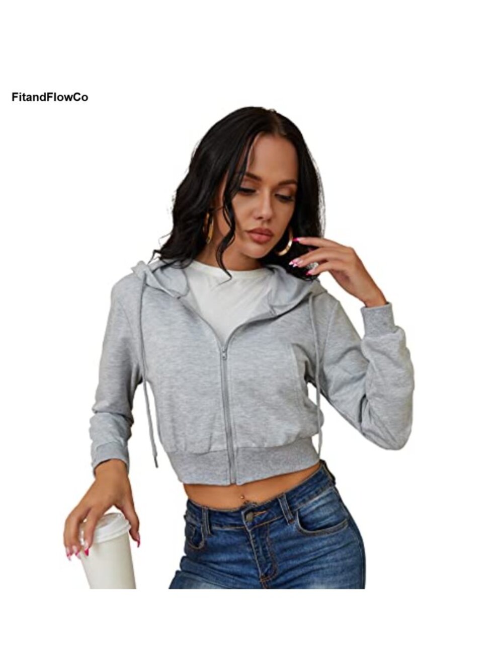 Women's Cropped Zip Up Hoodie Hooded Sweatshirt Long Sleeve Casual Top